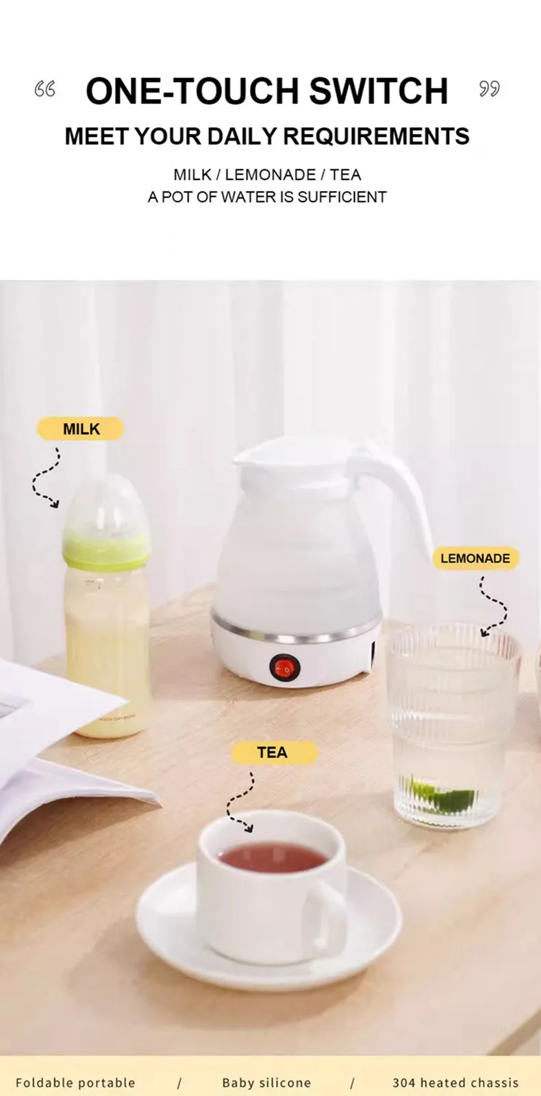 JFBONIN 0.6L Mini Folding Kettle Portable Water Heater 600W Silicone Compression Electric Kettle Home Kettle Easy To Travel