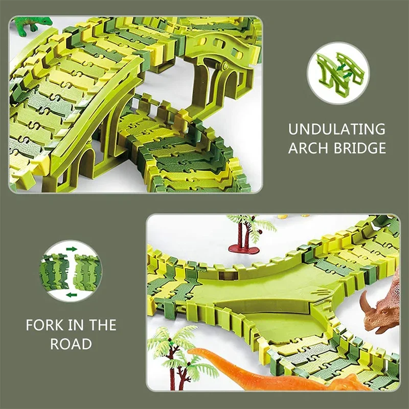 Zestaw zabawek z torami dla dinozaurów, elastyczne torowe autka, zabawka dla dzieci, świat dinozaurów, wyścigi drogowe, prezenty świąteczne i urodzinowe dla maluchów