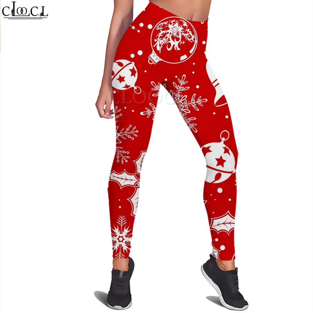 CLOOCL Rote Damen-Leggings mit Weihnachtsglocke und Schneeflocken-Aufdruck für Damen, Workout, Push-Up, Jogging, atmungsaktiv, enge Leggings