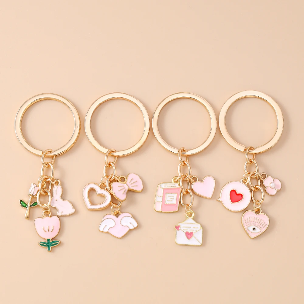 

Cute Enamel Pink Love Heart Keychain Women Girls Flower Key Ring Pendants for Handbag Decor DIY Handmade Jewelry Gift