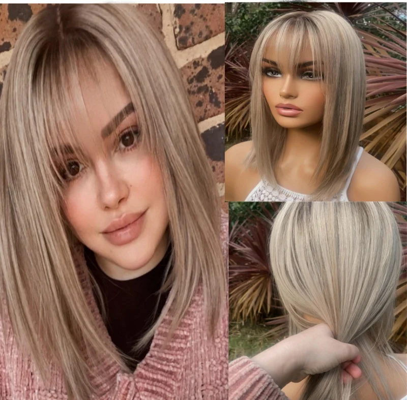 Ombre popielaty blond bezpieczna na ciepło koronkowa peruka syntetyczna z grzywką realistyczna linia włosów peruka dla kobiet Alopecia Hairloss Cosplay/impreza