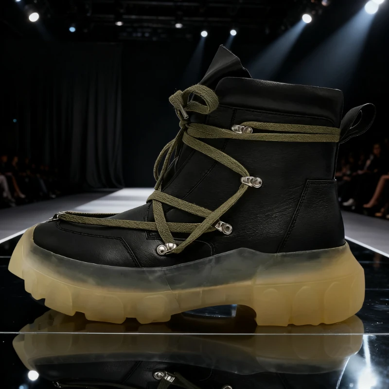 Transparent Thick-soled Men's Boots High-top Casual Shoes Fashionable Breathable Men's Genuine Leather Ankle Boots