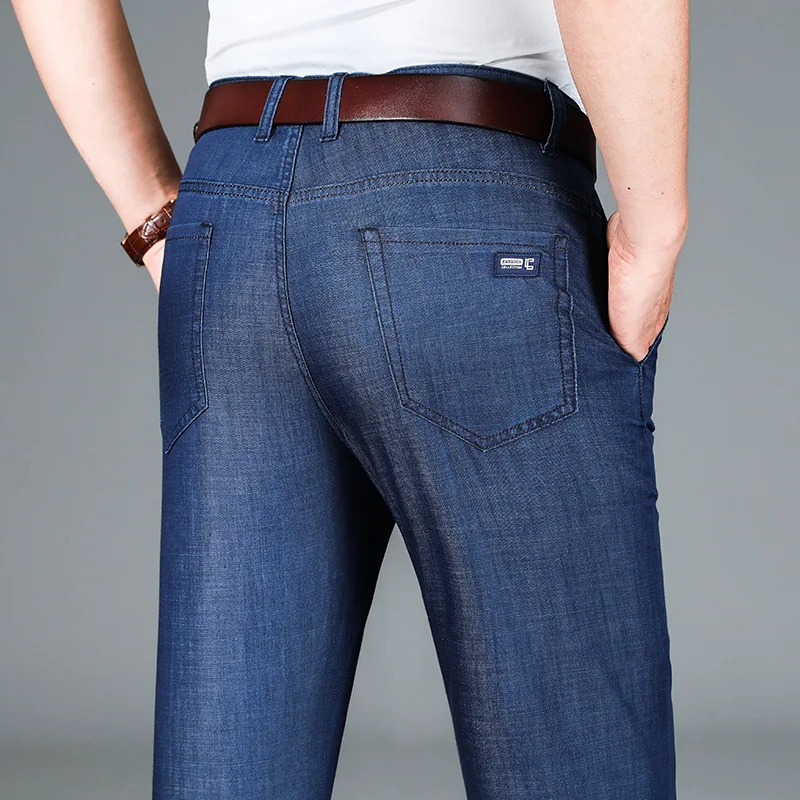 Pantalones vaqueros finos de seda helada para hombre, pantalones largos holgados de tubo recto de talla grande, para las cuatro estaciones, pueden usar comodidad de ocio para caballero adulto