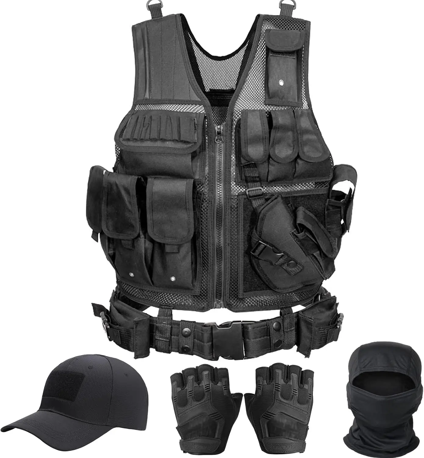 Tactical Vest Kit with Baseball Cap Half-Finger Gloves Balaclava Adjustable Military Combat Vest for CS Airsoft Shooting Hunting
