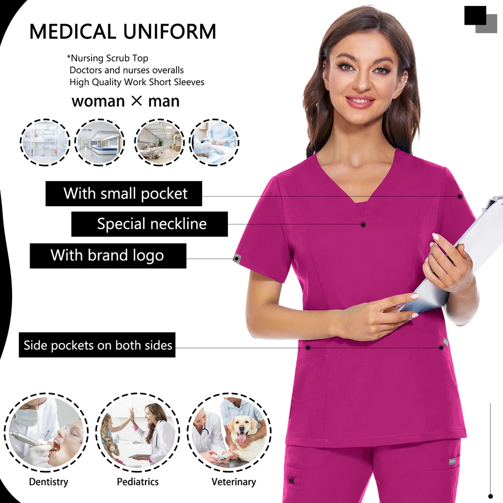 Hospital Work Wear Medical Nursing Uniforms Scrubs Tops Women Casual T-Shirts Short Sleeve V-neck Nurse Working Blouse