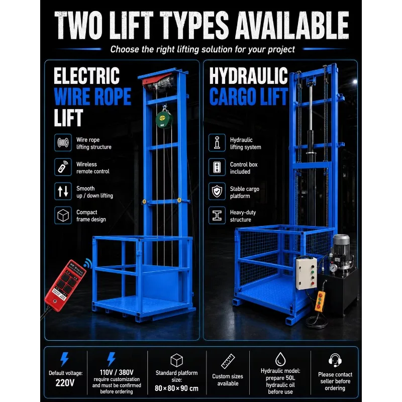 Small Cargo Lift Platform Hydraulic / Electric Wire Rope Freight Elevator Remote Control for Home Warehouse
