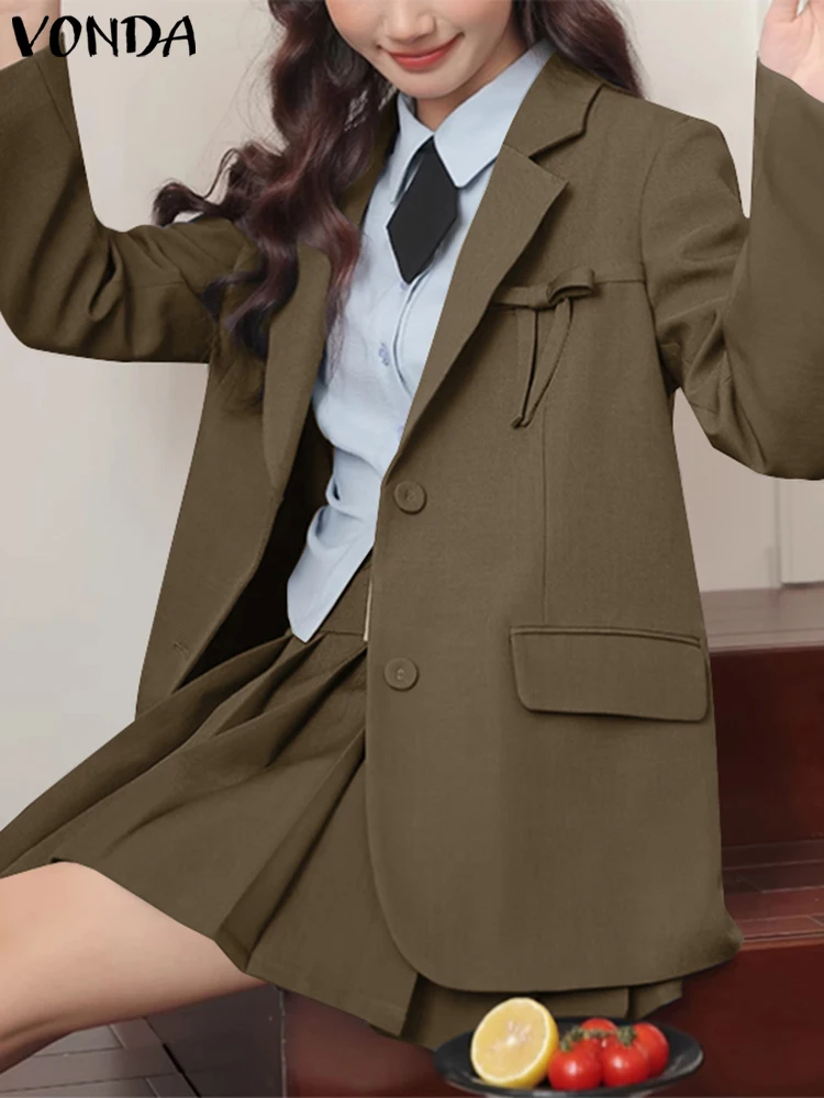 VONDA Women Turn-Down Collar Blazer 2024 Casual Solid Color Bow Suits Fashion Blazer Oversized Loose Outwears Femininas