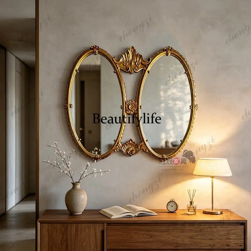 European retro oval bathroom mirror wall hanging living room wall combination decorative mirror French bedroom makeup mirror