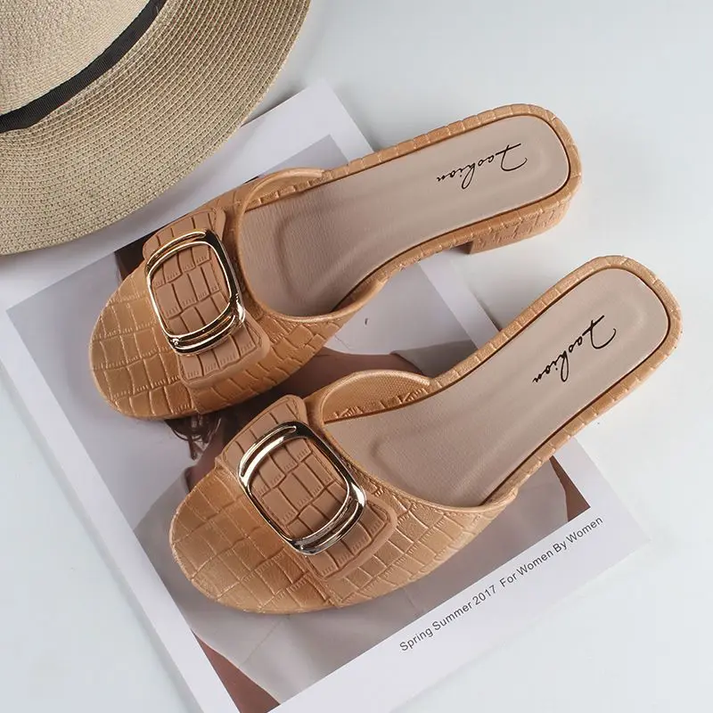 Summer Home Woman Slippers Shoes For Women 2024 Open Toe Sandals Low Heel Black House Slides Chic Elegant But Cheap New Style B