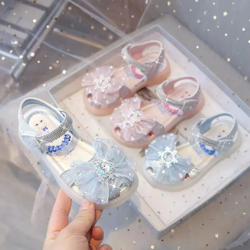 Baby Girls Sandals Summer Cartoon Princess Frozen Anna Elsa Crown Print Children Crystal Shoes Kid Beach Soft Flat Glass Slipper