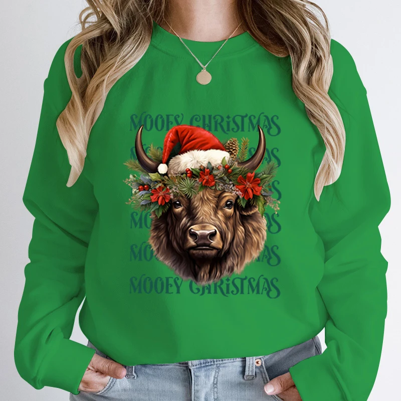 Women Fashion Creative Cow Mooey Christmas Print Pullovers For Women Funny Long Sleeve Christmas Plus Size Hoodeless Sweatshirts