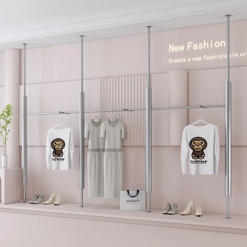 Clothing store display shelves Wall-mounted stainless steel columns Men's and women's clothing hanging clothes shelves Store dis
