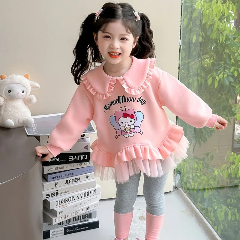 

Hot Sanrio Hello Kitty Pullover Tight Trousers Sets Girl Lace Tops Pants Children Spring Fall Kawaii Fashion New Casual Clothing