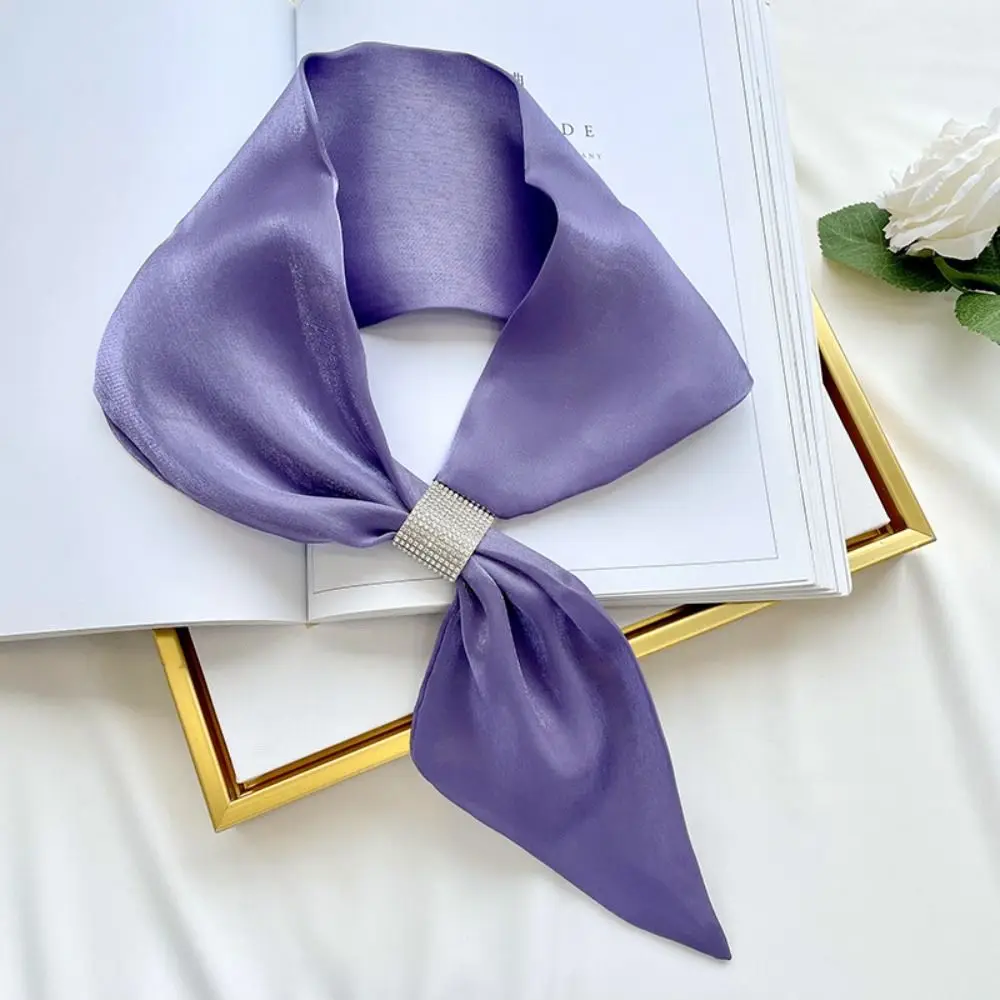 Fashion Satin Wraps Neck Solid Color Soft Cross Scarves Neckerchief Diamond Simple Silk Scarf