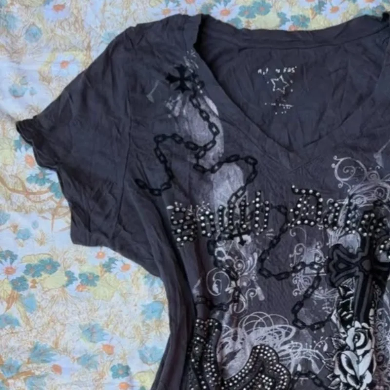 Femmes Y2k T-Shirt gothique 2000s Vinage Punk motif imprimé T-Shirt esthétique Harajuku Hottie haut rue sous-culture mode Ropa Mujer