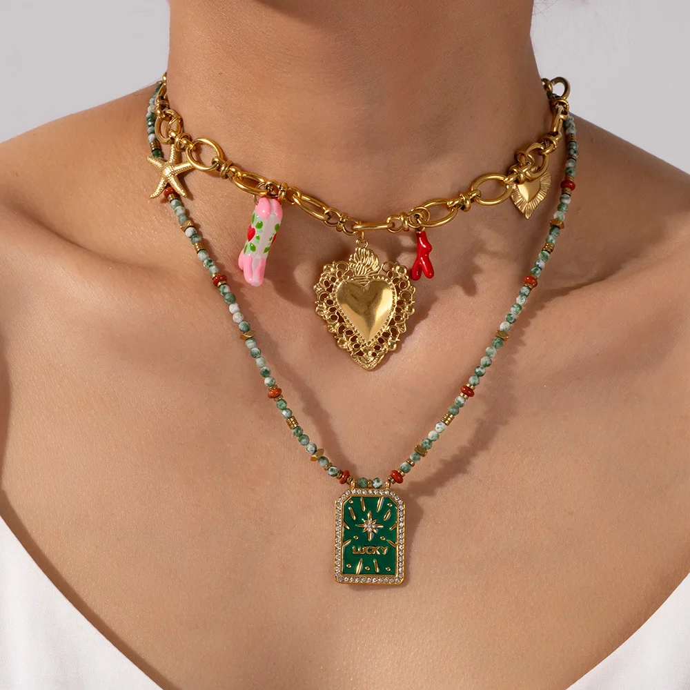 Keen on estilo europeo americano botas de estrella de mar en forma de corazón cuentas de piedra Natural collar de acero inoxidable cadena de suéter al por mayor