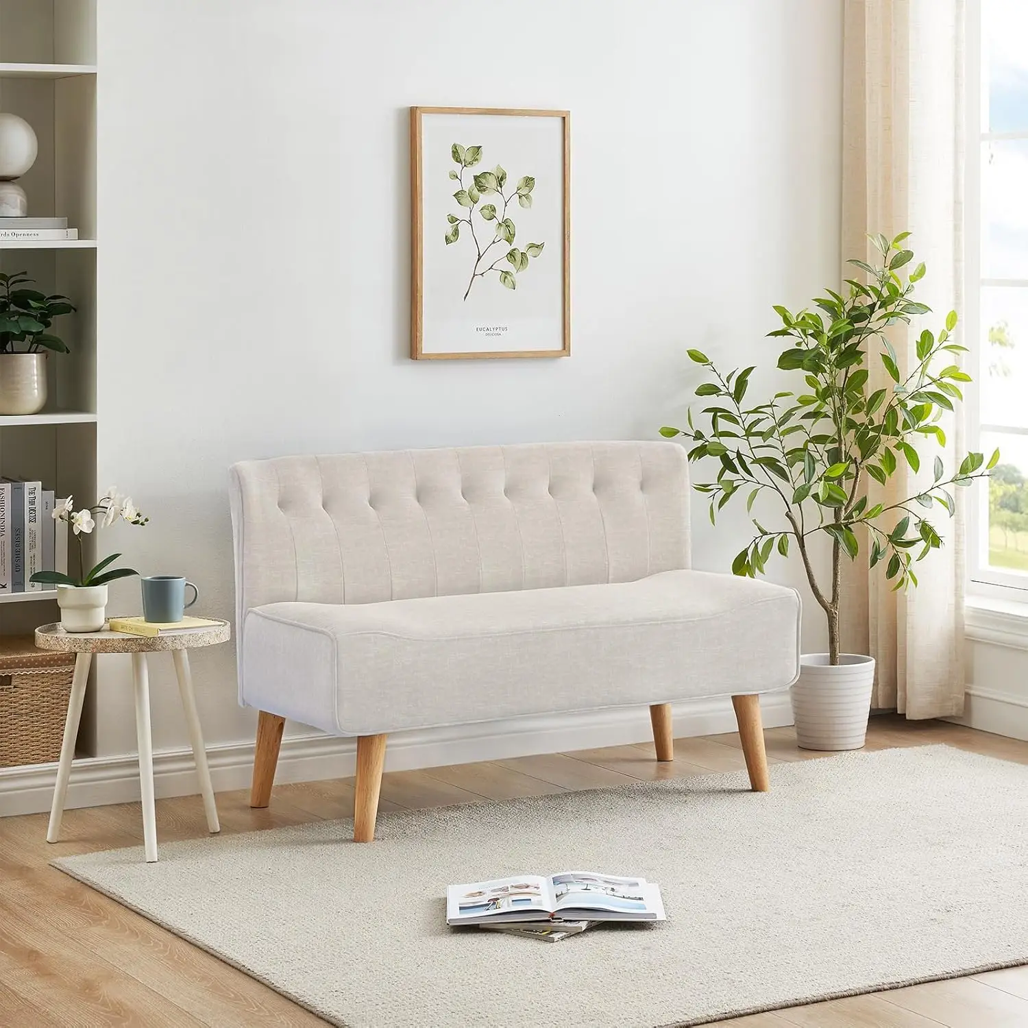 Sofá Pequeño Sin Brazos, Acolchado, de 2 Plazas, con Botones y Patas de Madera, Mini Sofá Moderno para Cocina, Comedor, Sala de Estar