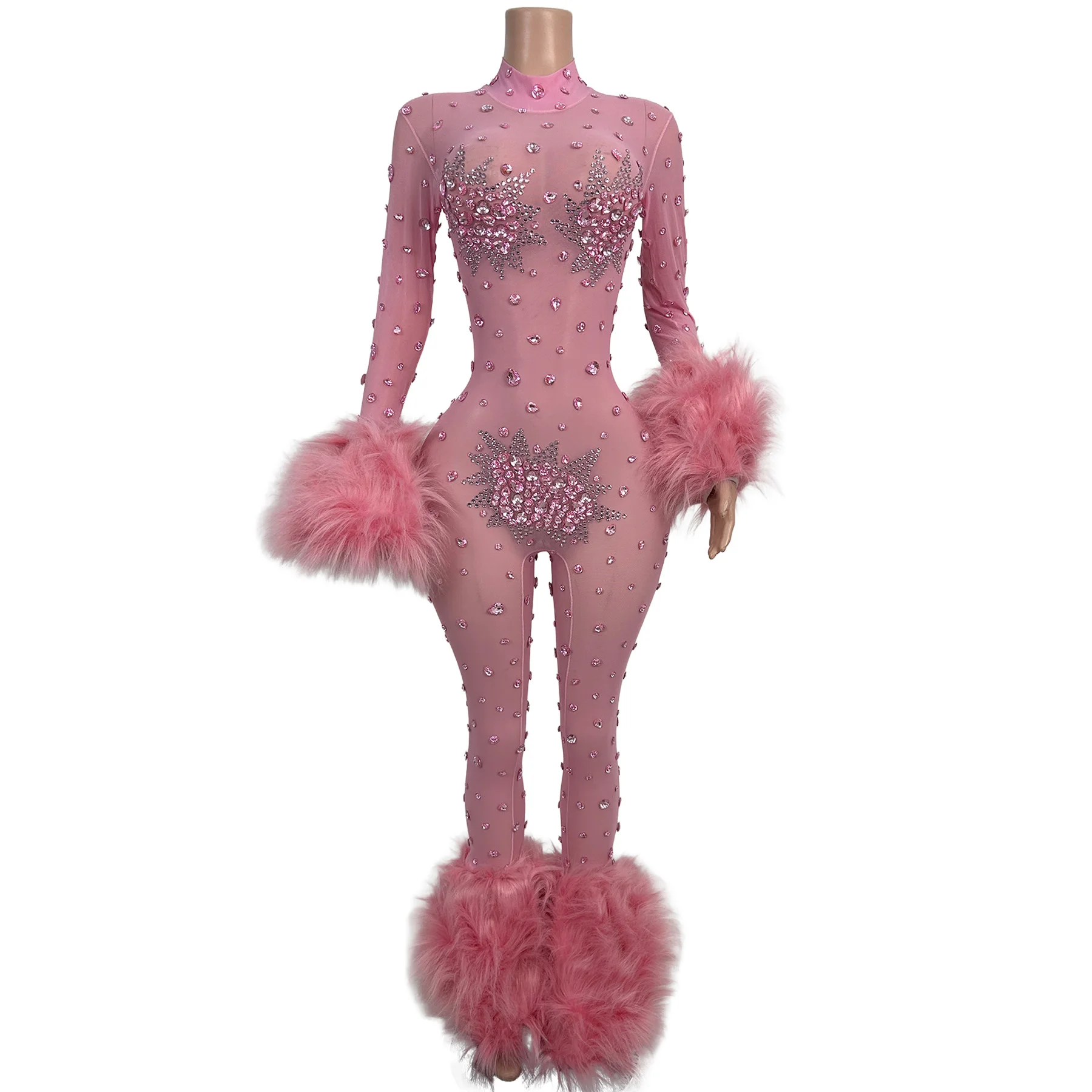 Guibinlianti Pink Mesh Rhinestone Embellished Jumpsuit Women Fluffy Fur Cuff Leg Trim Bodysuit Stage Costume Nightclub Outfit