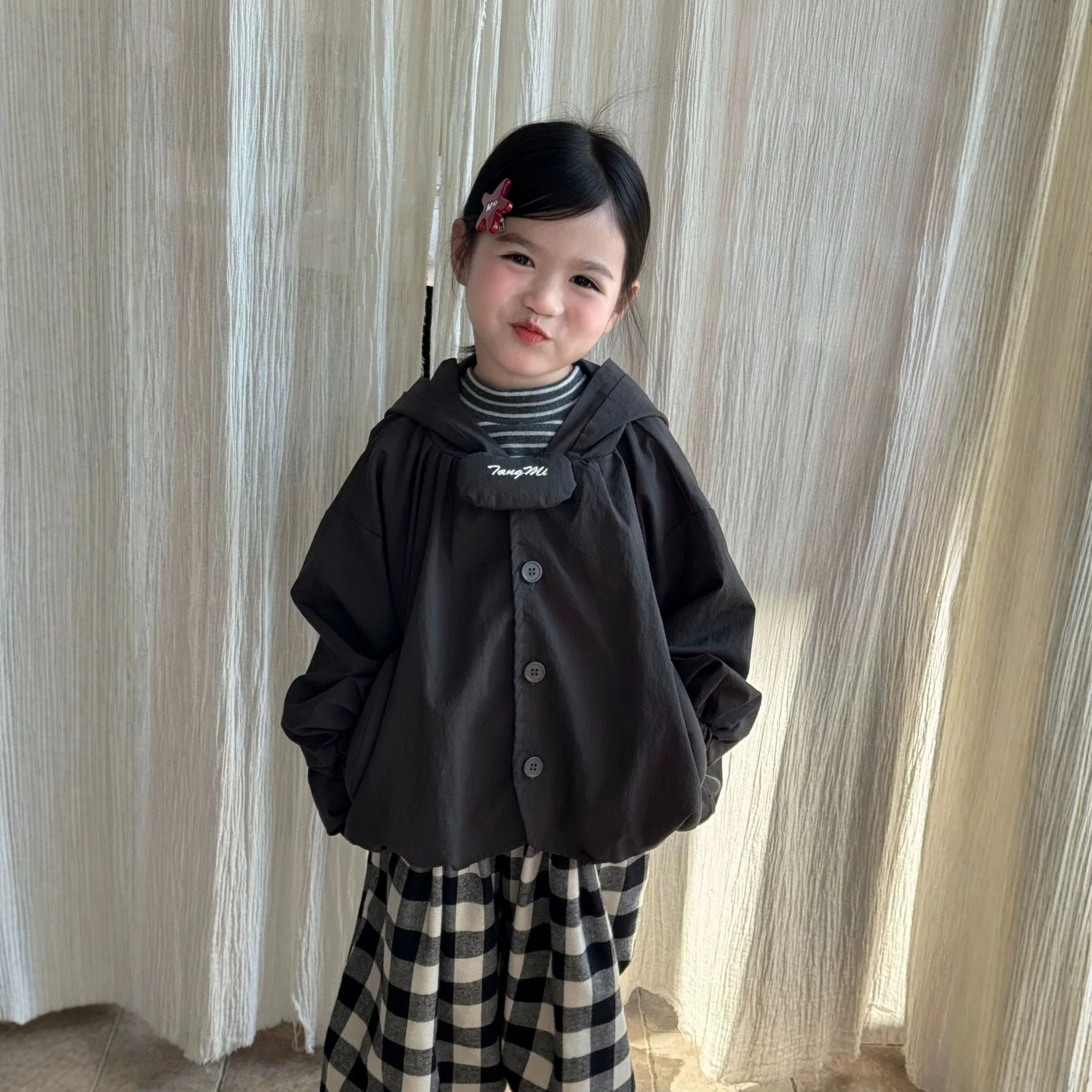 Kids Fall Jacket Korean Girls Smoke Grey Black Unique Placket Hooded Single Breasted Jacket 2026 New