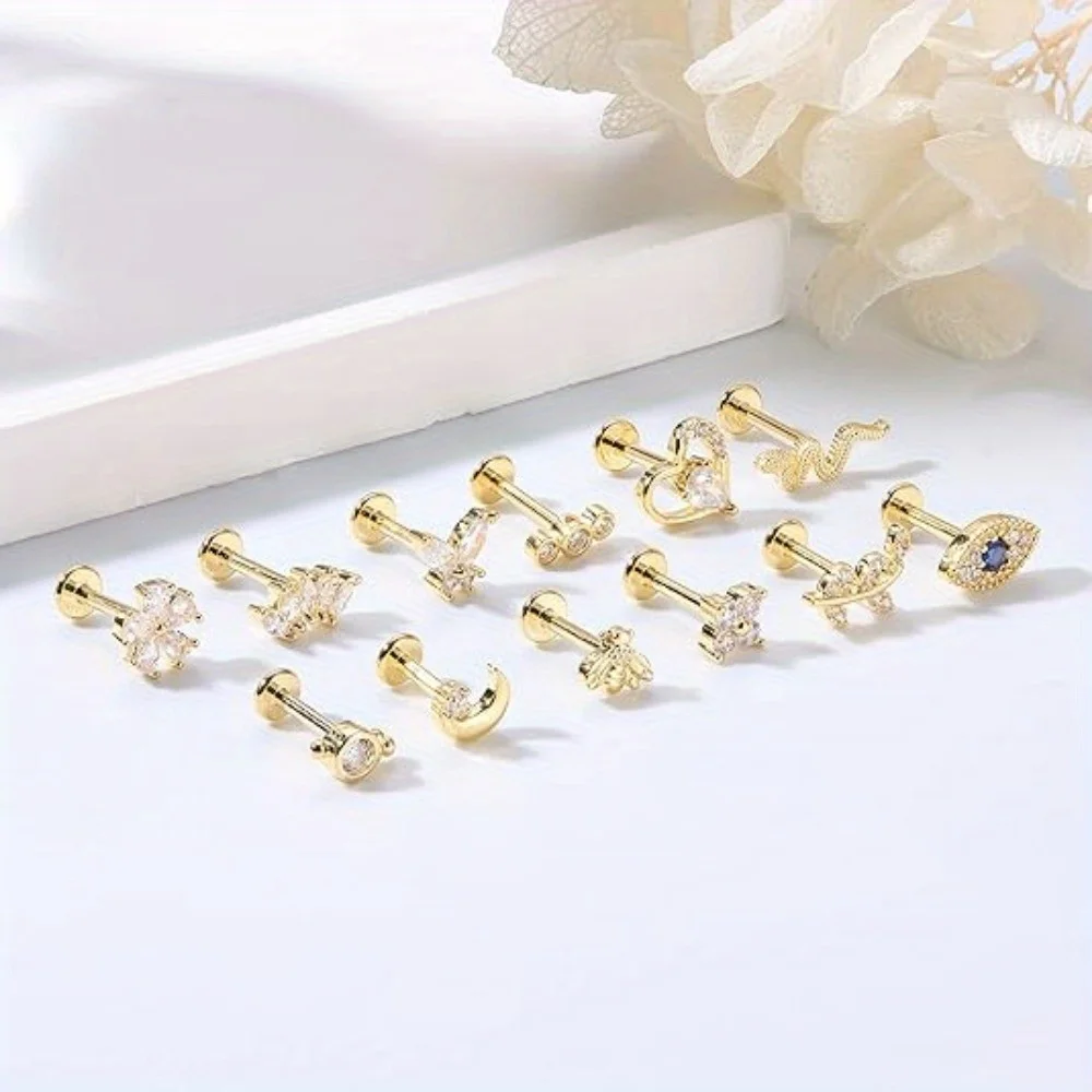 Drperfect 12Pcs Cartilage Stud Earring for Women Stainless Steel Screw Flat Back Earrings Nose Helix Tragus Piercing Jewelry Set