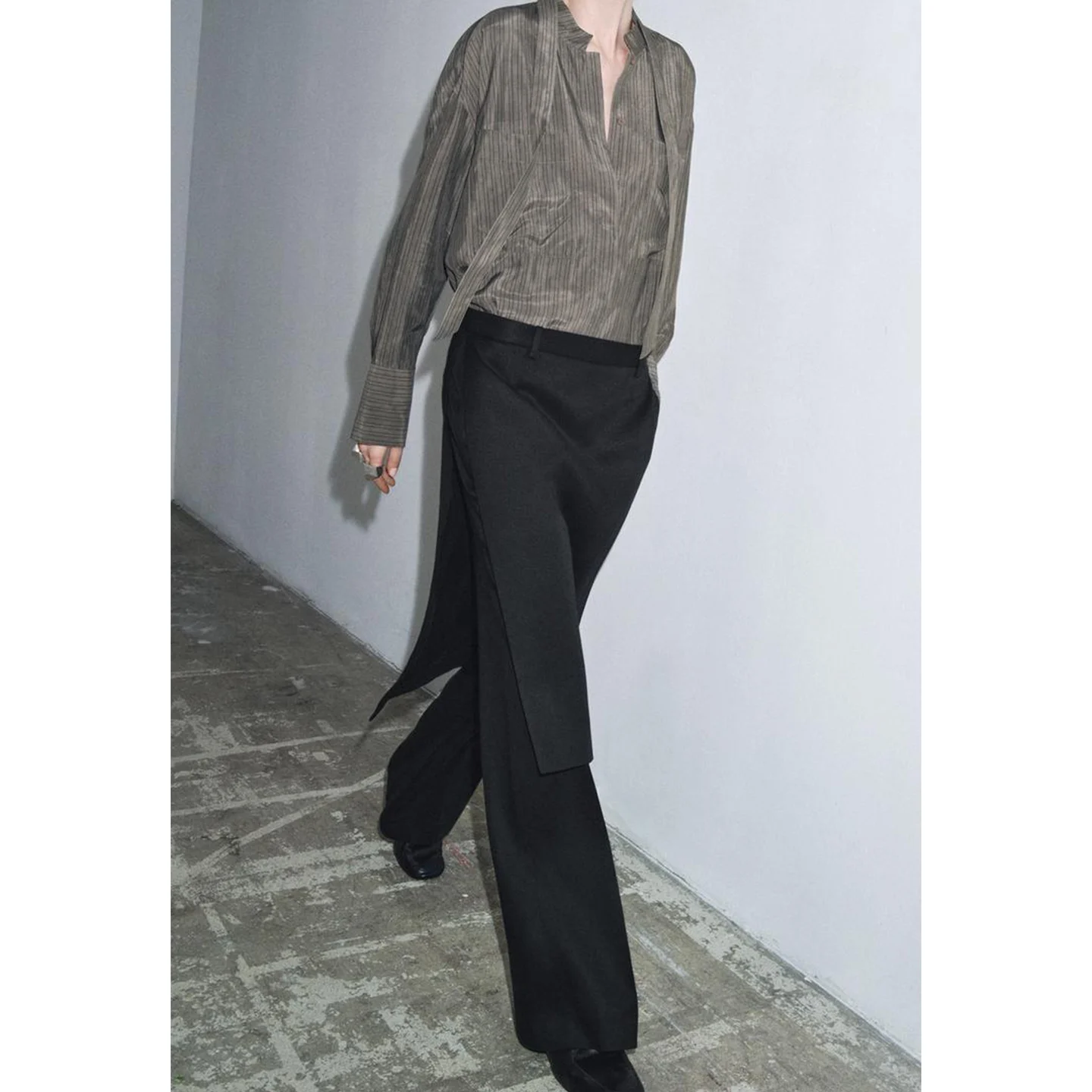 Autumn Winter New Women's Simple Sle Asymmetric Hem round Ne Long Sve ket Decor  Knot irt Polyester Fiber