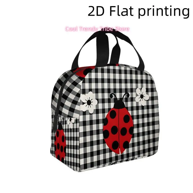 1pc Red Ladybug on Checkered Fabric with Flowers | Printed Insulated Cooler Bag - Reusable Portable Hot Cold Bag for Home Office