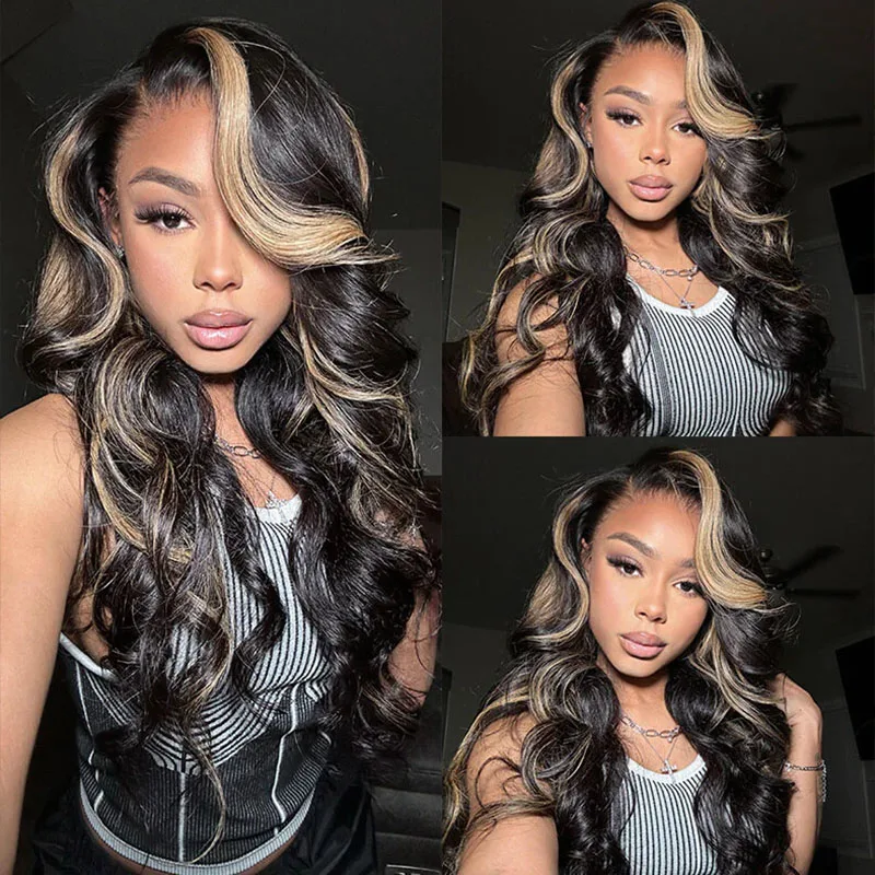 Perruque Lace Front Wig Naturelle Body Wave Ombre, Cheveux Humains Pré-Plumés, Balayage Coloré HD, 13x4, 1B/27, à Reflets