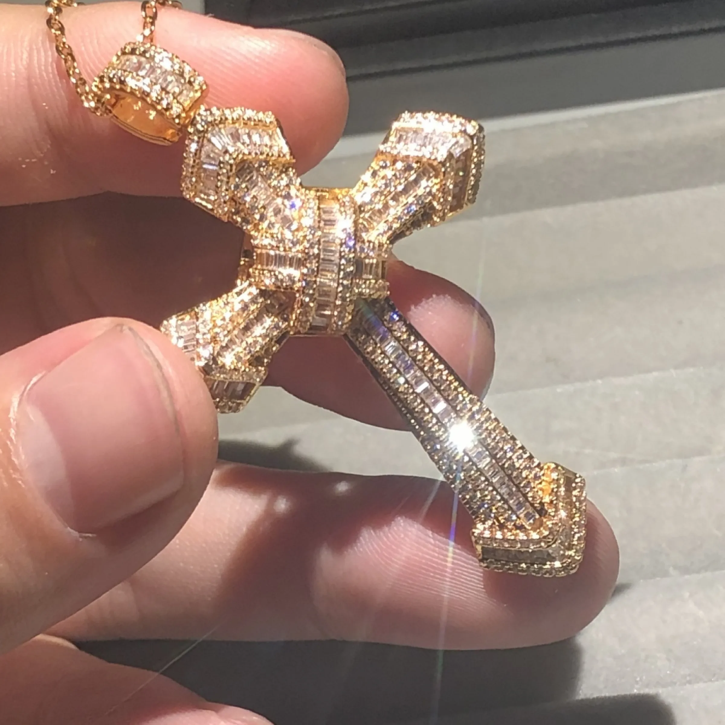 Handmade Christianity Cross Pendants sona diamond painting full real 925 silver 14k gold Wedding Necklace for Women Men jewelry