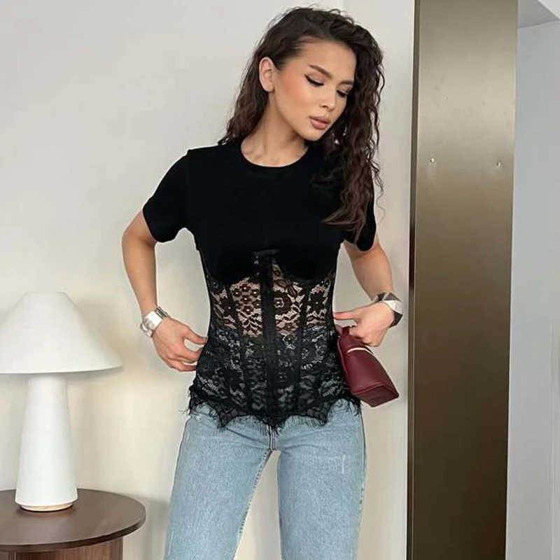 

Tornova Floral Lace Short Sleeve T shirt For Women Sexy Slim See Through Fashion Top 2026 New Summer Commuting Party Clothes