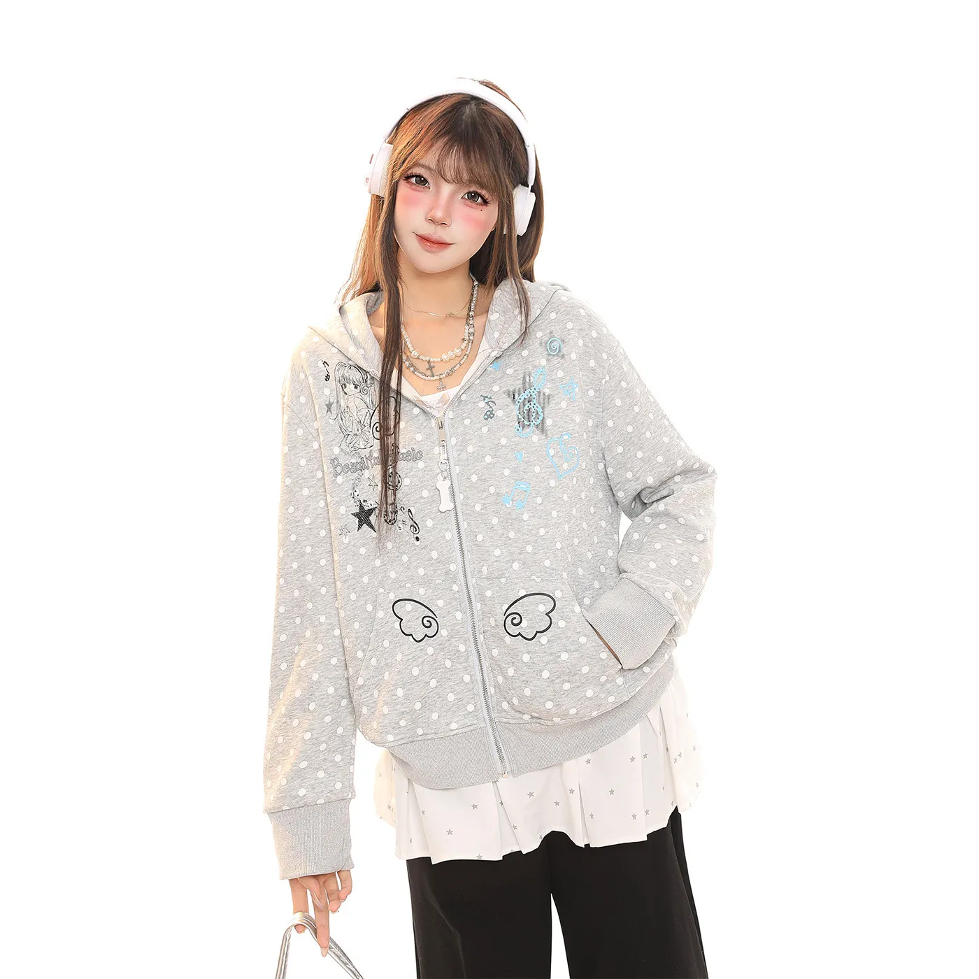 

Корейский мультяшный кардиган в горошек с капюшоном, женский, весенний, повседневный, милый, омолаживающий, уникальный, универсальный, верхняя одежда