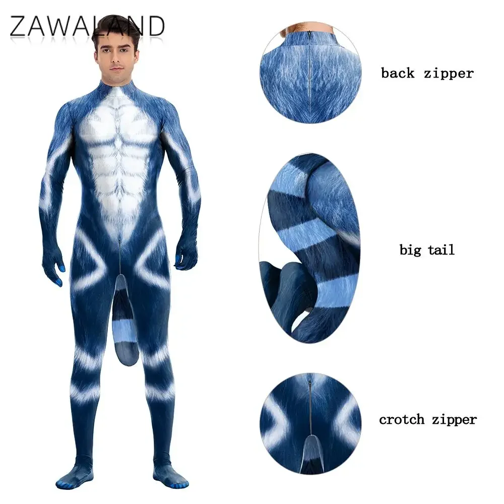 Zawaland 3D Texture Blue Print Animal Cosplay Costume Bodysuit with Tail Zipper Adult Men Outfits Jumpsuits Catsuit Zentai Suits