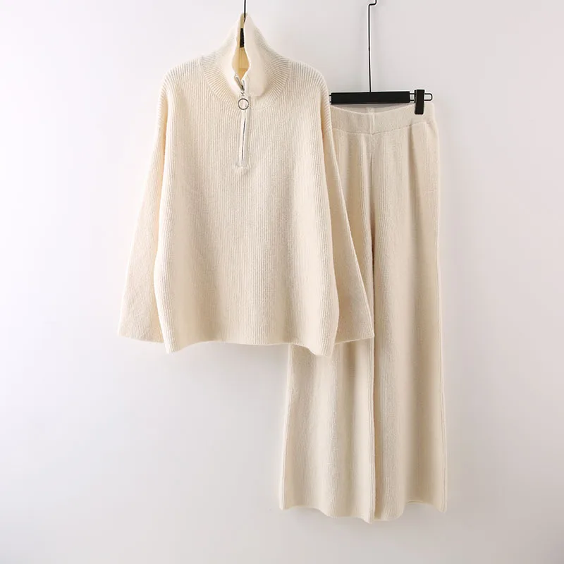 ZAMOR Women's Autumn Winter Stand Collar Zip Knit Sweater and Wide Leg Pants Two Piece Casual Set