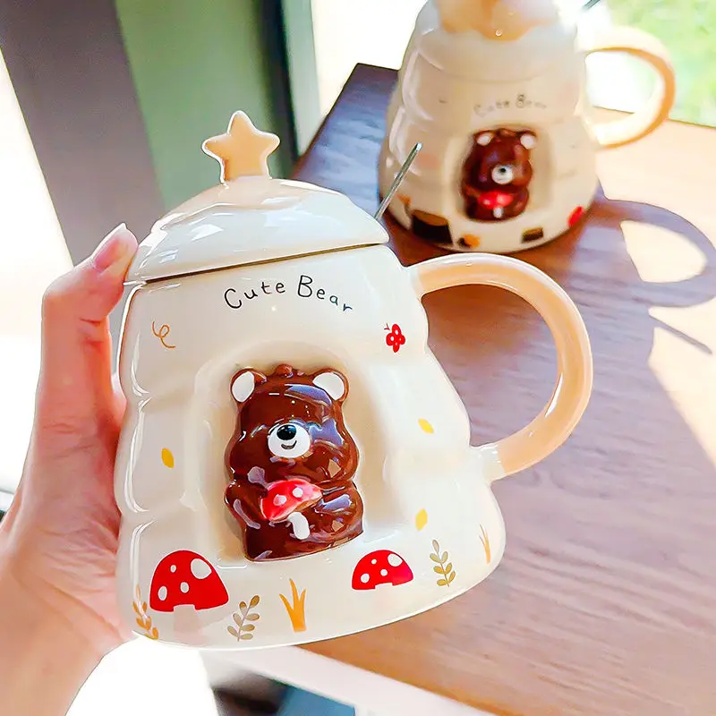 Relief Bear Ceramic Cup Cute Ceramic Mug with Lid on Hand Christmas 3D three-dimensional Mug Couple Coffee Cup Home Water Cup