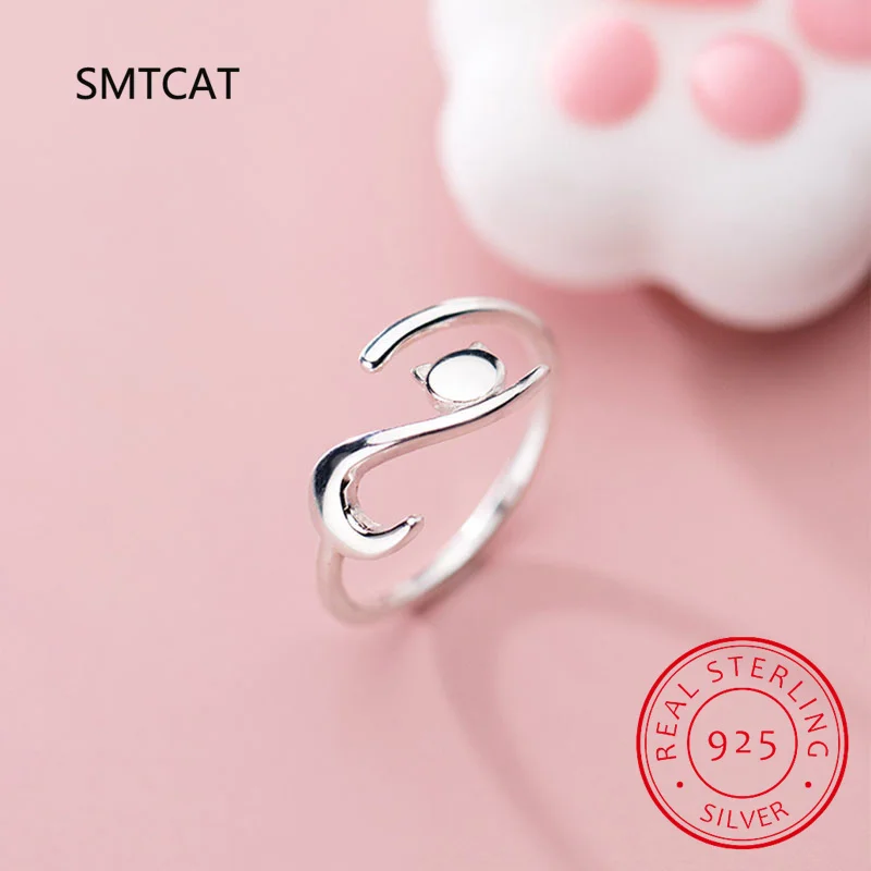 100% 925 Sterling Silver Sticky Cat with Long Tail Finger Ring Women Ring Adjustable Engagement Ring Jewelry SCR220