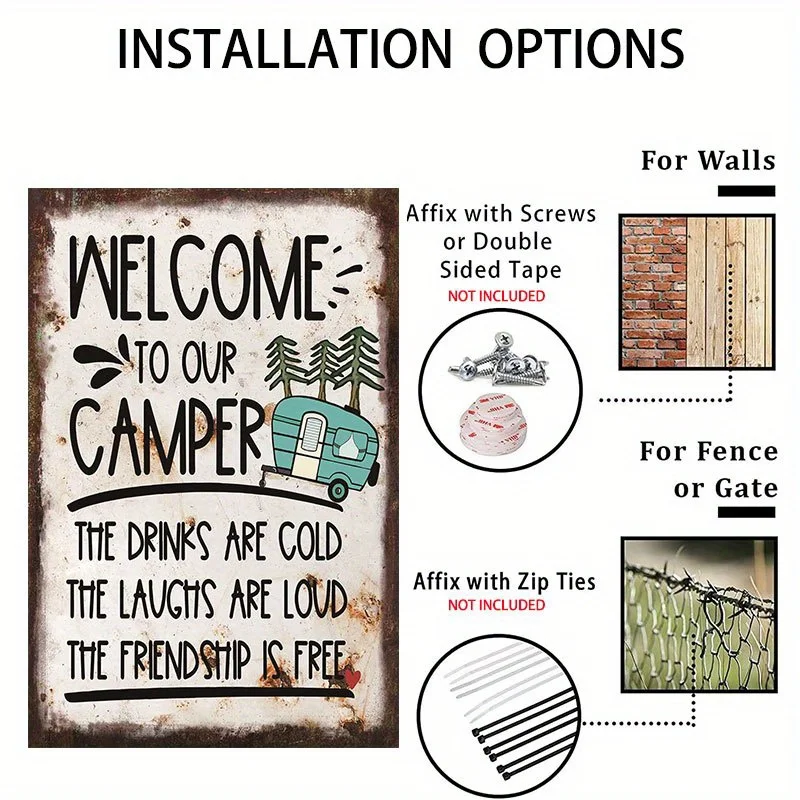2D Flat, Vintage Welcome to Our Camper Metal Sign - 8x12 Inch Rustic Camping Wall Art with Pine Trees, Campfire & Camper Van Des