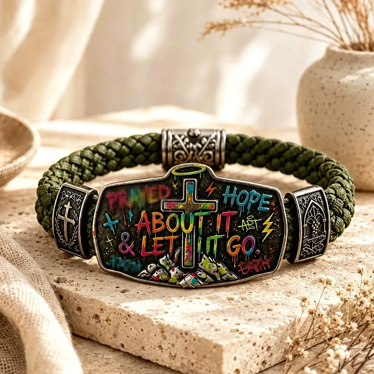 Retro Printed Metal Plate Inspirational Saying Wristband, Adjustable Braided Rope Bangle, Boho Style Accessory