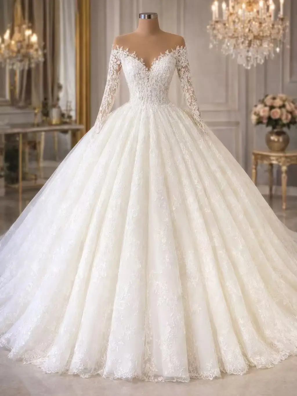Customized Elegant Silky Lace V-Neck Full Sleeve Ball Gown Wedding Dresses Beading Pearls Brown Skin Bridal Gowns