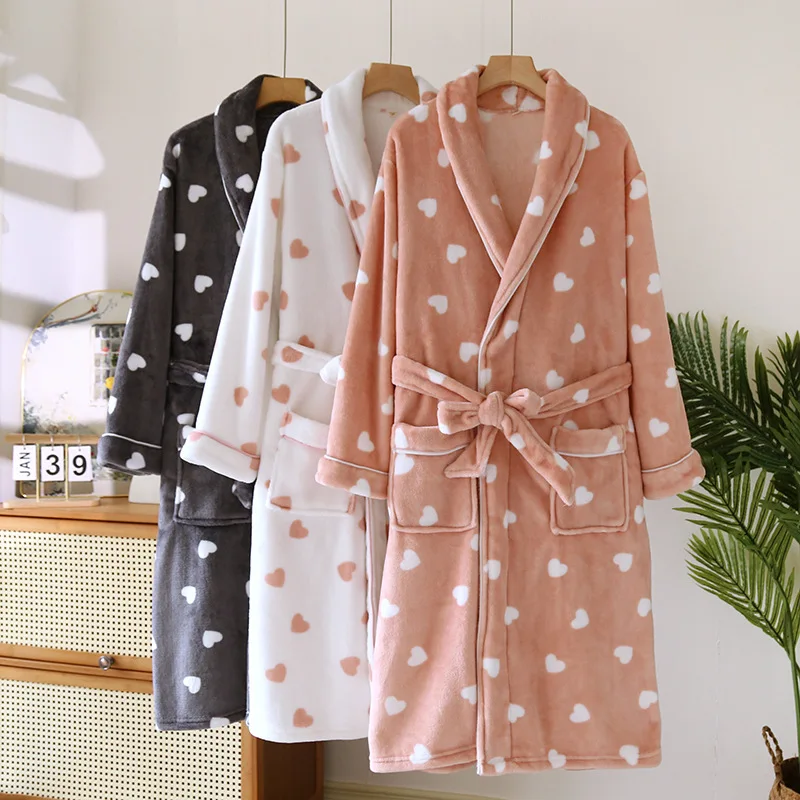 

Thick Pajamas Women Winter Warm Heart Print Flannel Robes Plush Long Sleeve Robes Soft Warm Spa Bathrobes Loungewear Home Wear