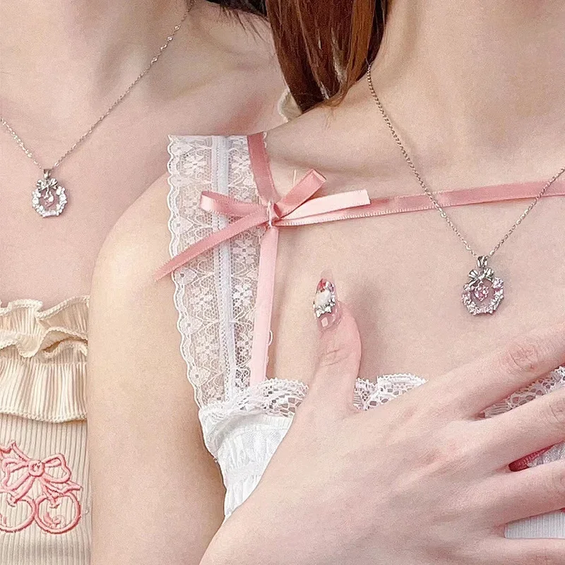 Sweet Pink Bow Necklace Ladies Fashion Sparkling Rhinestone Star Shape Pendant Clavicle Chain Delicate Wedding Accesories