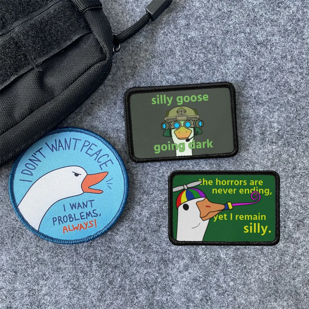 Silly Goose Printed Funny Humor Hook and Loop Cloth Patch Shy Big White Goose Embroidered Tactical Backpack Morale Badge Sticker