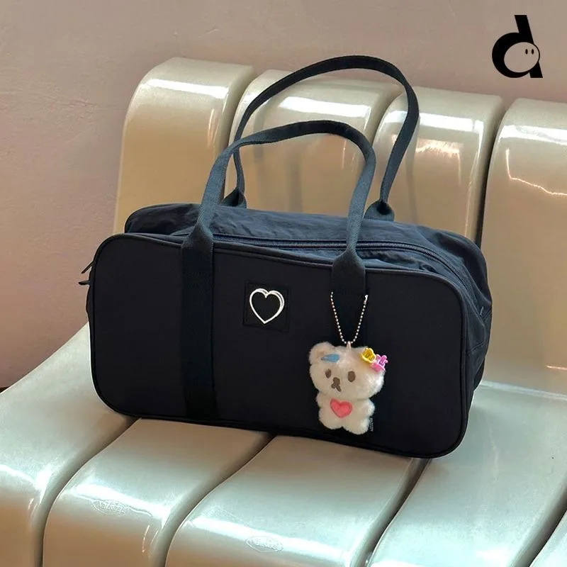 블랙 나일론 숄더백, 한국 패션, 단색 하트 겨드랑이 가방, 여성 대용량 통근 보스턴백 디자이너