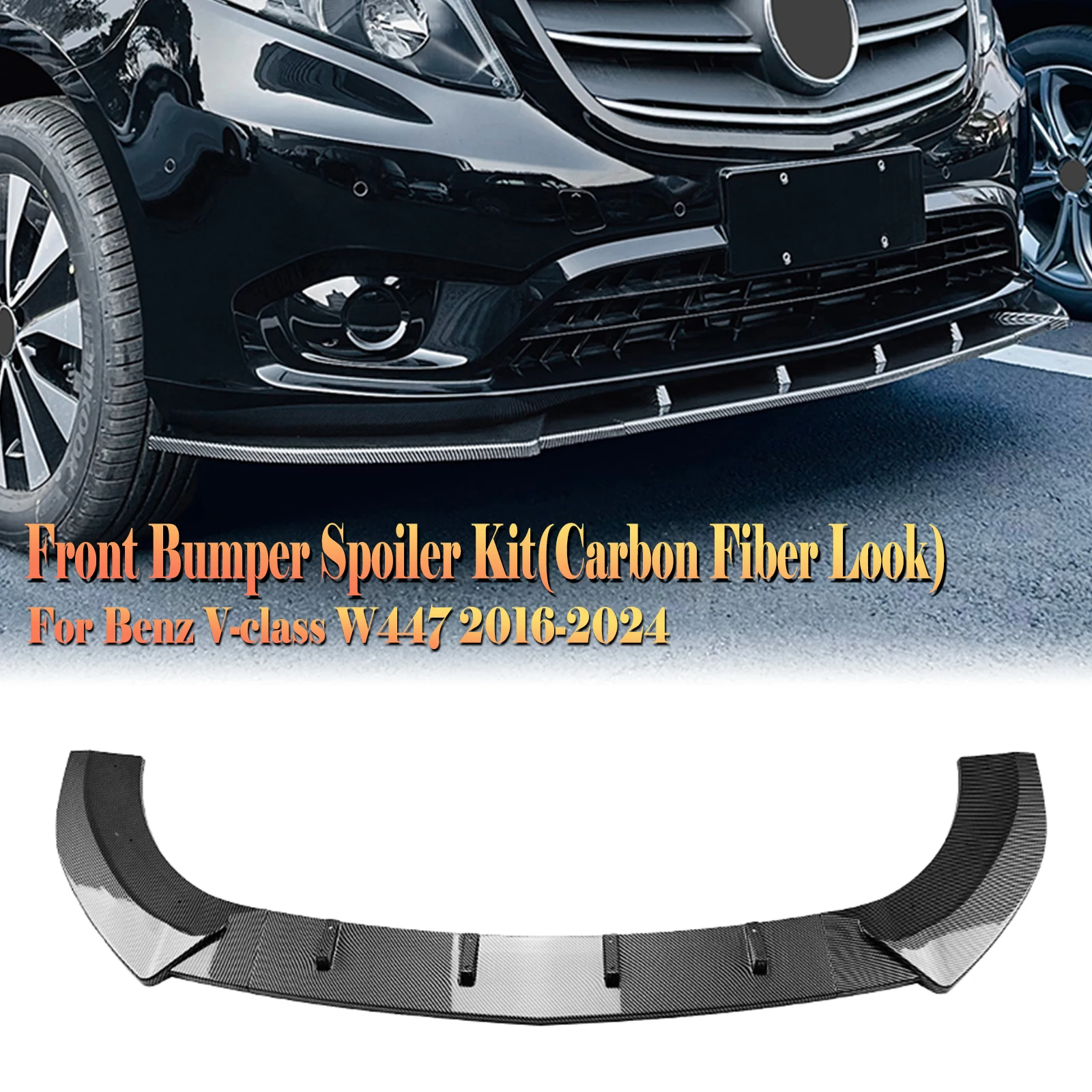 

For Mercedes Benz V-Class W447 2016-2024 Front Bumper Spoiler Lip Carbon Fiber Look/Gloss Black Lower Splitter Protection Kit