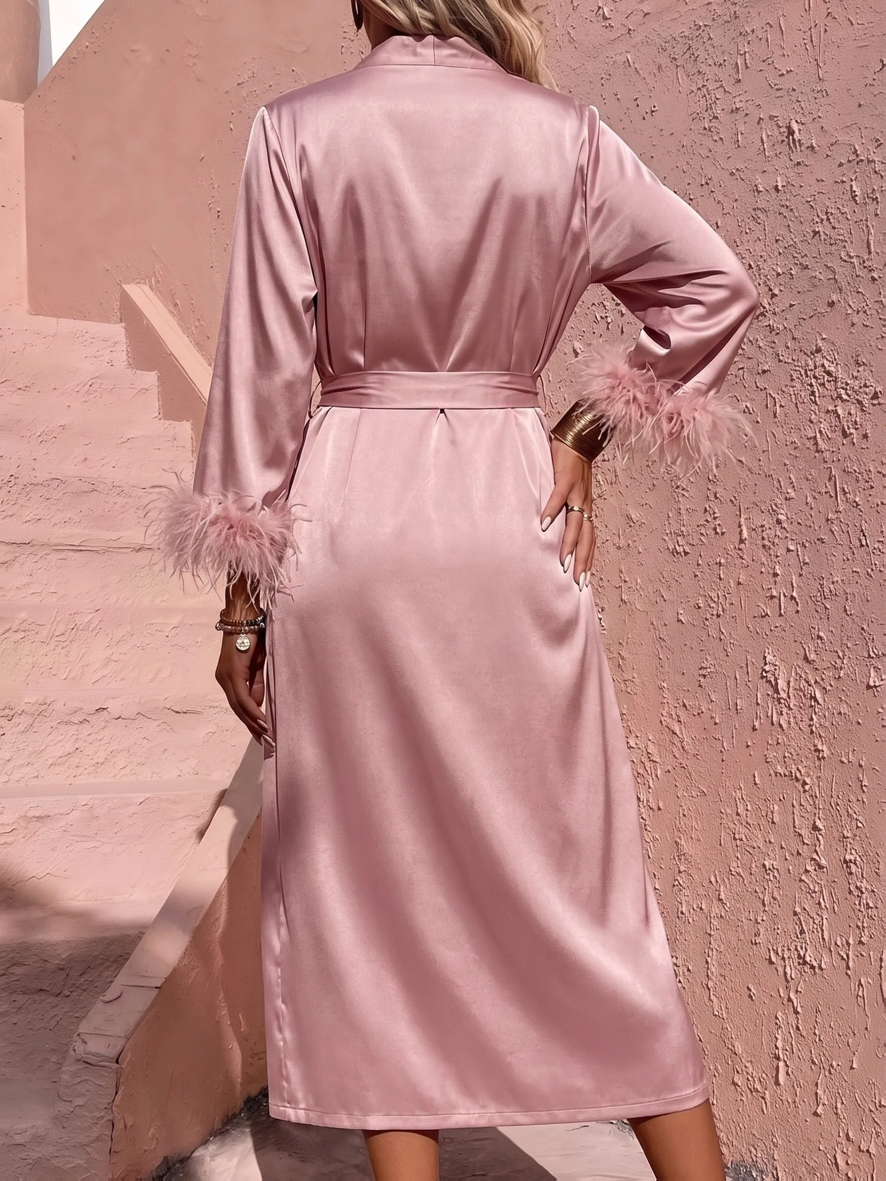 Women's Acetate Imitation Silk Robe, Luxury Palace Style Sleepwear with Faux Feather Cuffs & Adjustable Waist Belt, Elegant Bridal Morning Gown Loungewear