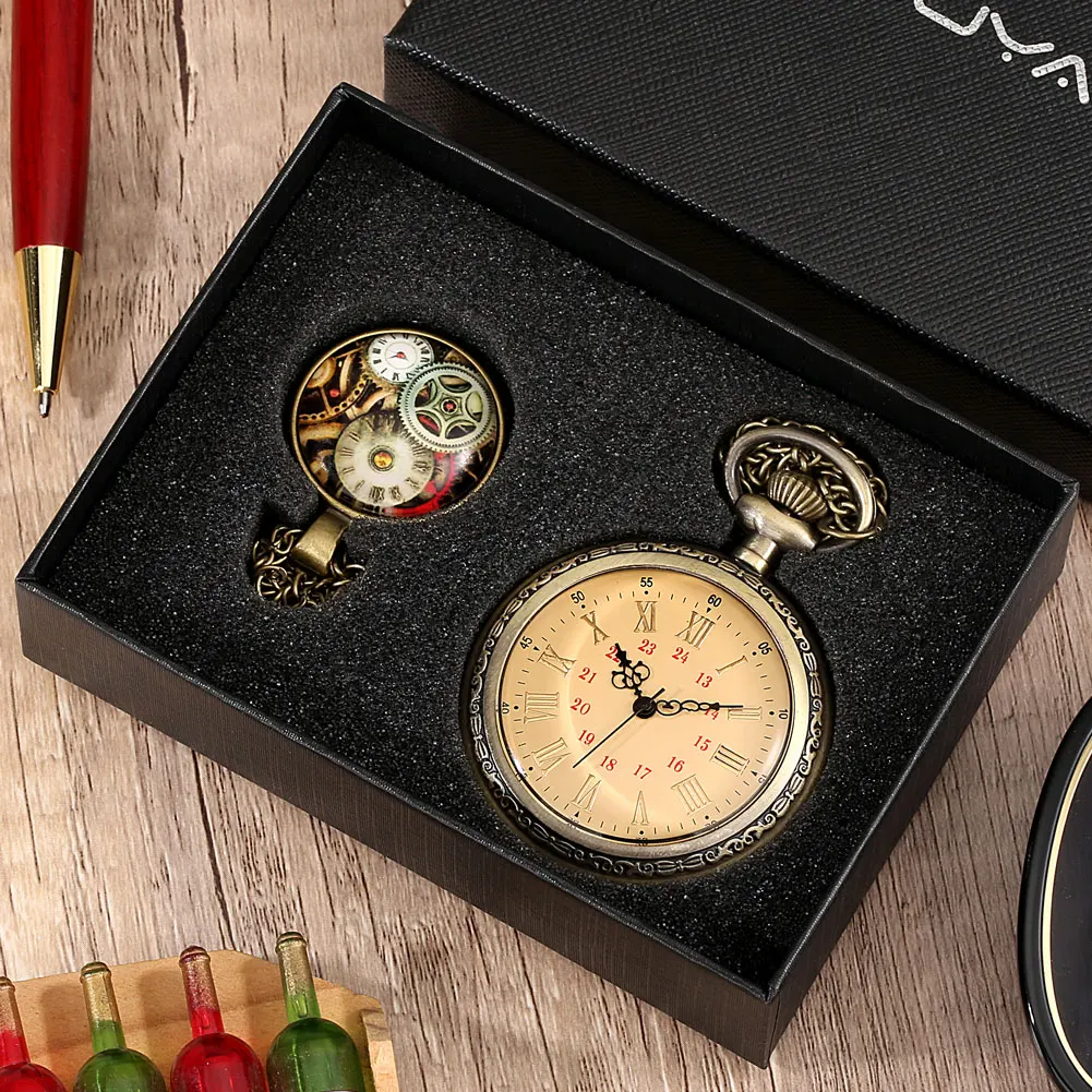 Vintage Bronze Double Display Pocket Watch Quartz Large Dial Fob Watch Without Cover Pendant Chain Clock Necklace Souvenir Gift