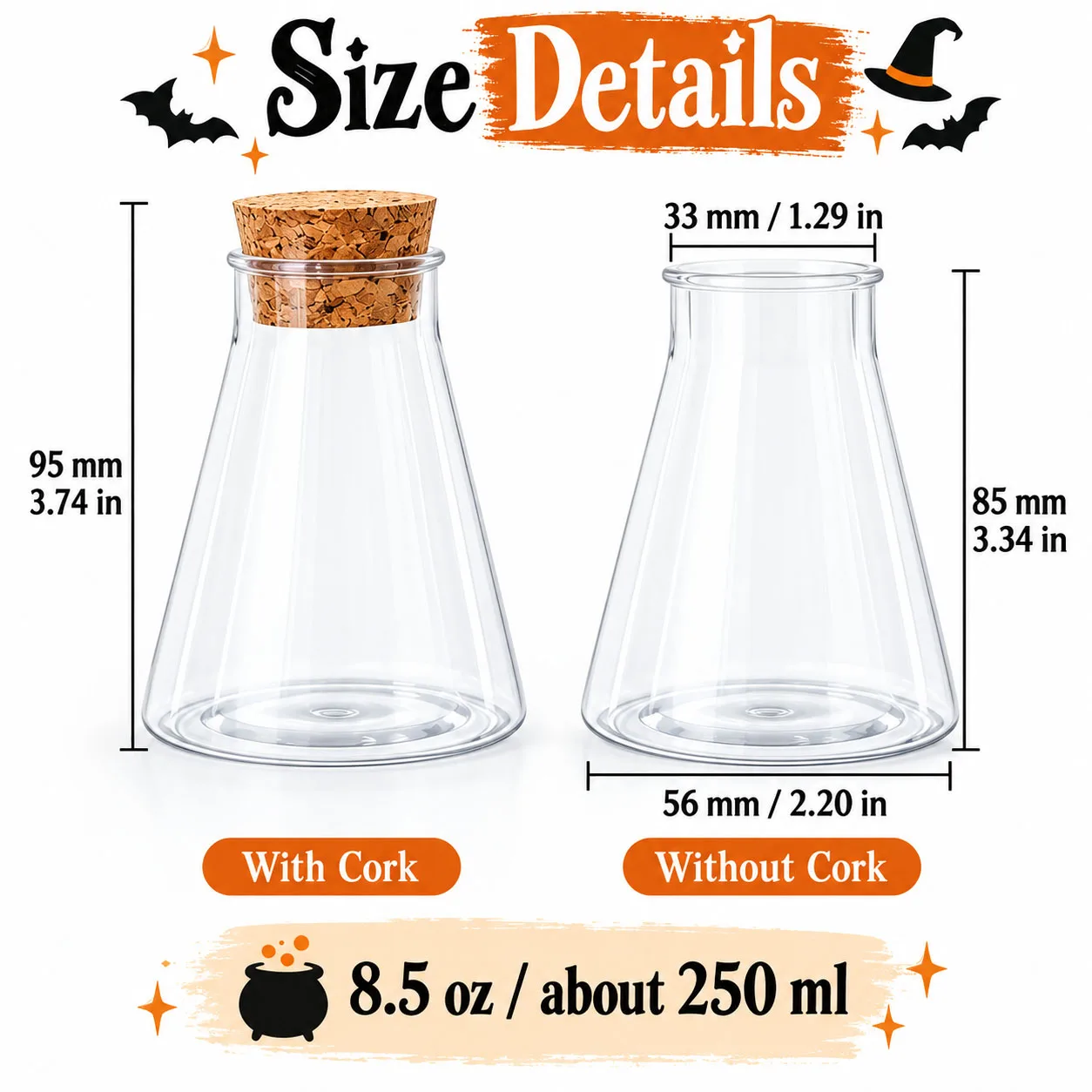 Halloween Plastic Potion Bottles with Spooky Labels Stickers 8.45 oz Clear Conical Spherical Bottles with Cork Stoppers, Wizard