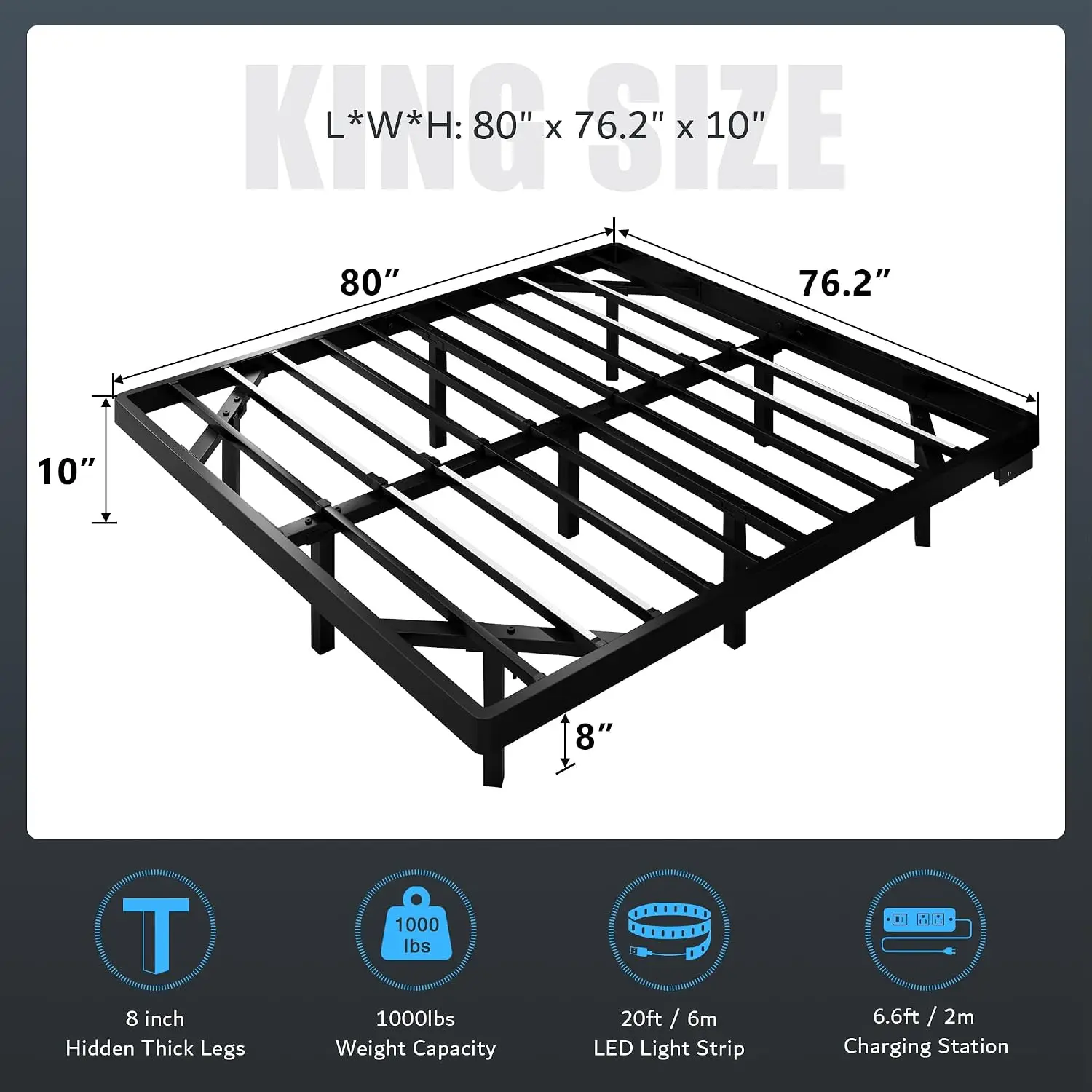 King Size Floating Bed Frame with Charging Station and Led Light, Metal Platform Bed Frame with Heavy Duty Steel, Customized