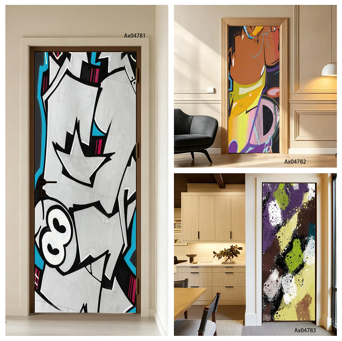 Bold Geometric Outline Bright Tone Graffiti Print Door Sticker Waterproof Peel-and-Stick for Closet