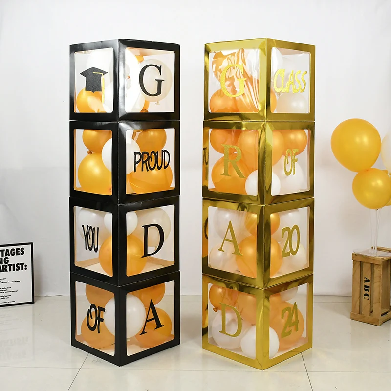 

Graduation Decoration Gold Black Balloon Box With Lettering Class Of 2024 Proud Of You Paper Stickers Graduation Party Supplies