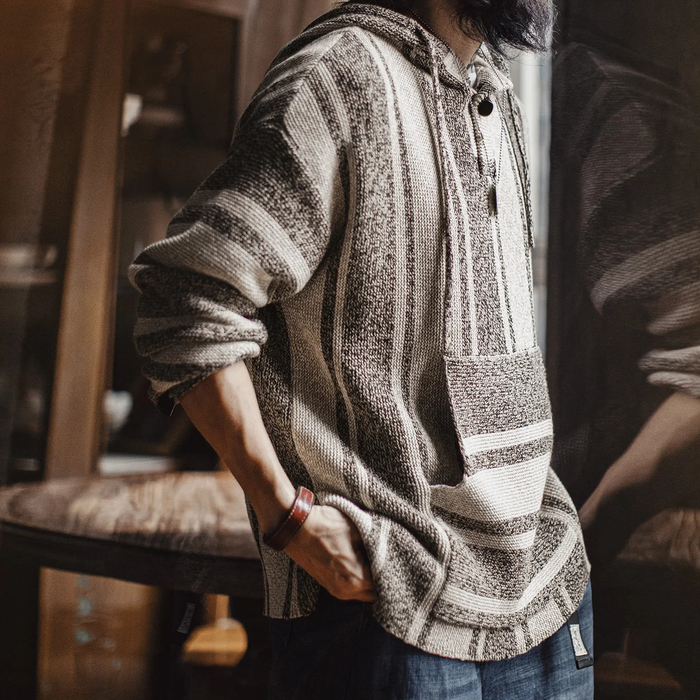 Maden Men's Mexican Style Baja Hoodie Stripe Knit Pullover with Half-Zip Lightweight Loose Fit Sweatshirt for Spring and Autumn