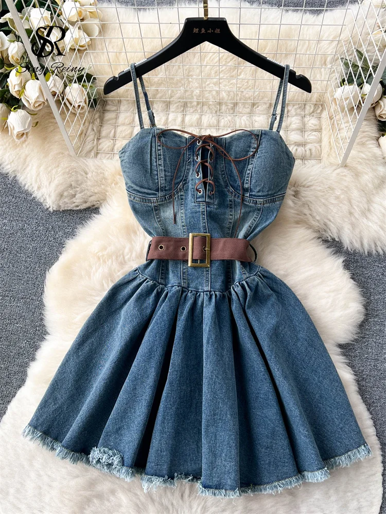 white christmas dresses Lace Up Denim Midi Dress – Ceili Boutique main image 0